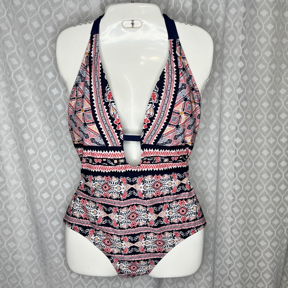 Kona Sol One Piece Swimsuit Plunge Halter Floral‎ Recycled Fabric Size L